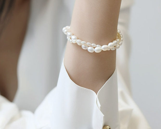 Double Layer Bracelets, Natural Baroque Pearl Bracelets, Silver 925 Beaded Bracelets Etsy