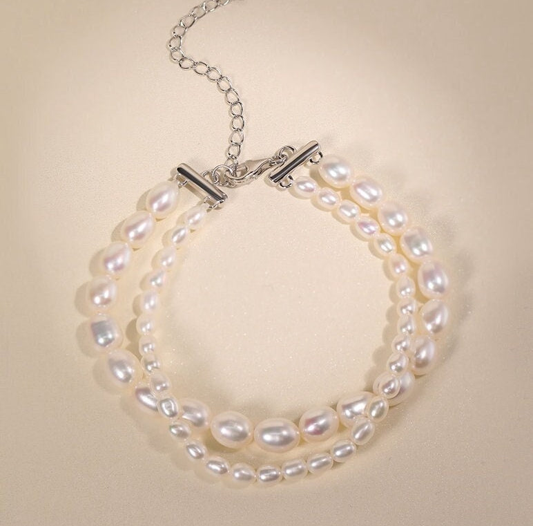 Double Layer Bracelets, Natural Baroque Pearl Bracelets, Silver 925 Beaded Bracelets Etsy