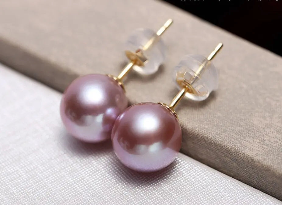 18k Solid Yellow Gold & Natural Purple Rose Tone Pearl Earrings, Handmade Stud Earrings, Anniversary Gift Idea, Edison Pearl Earrings Etsy