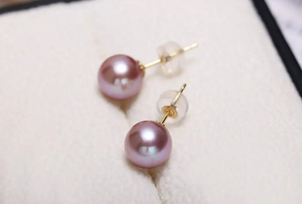18k Solid Yellow Gold & Natural Purple Rose Tone Pearl Earrings, Handmade Stud Earrings, Anniversary Gift Idea, Edison Pearl Earrings Etsy