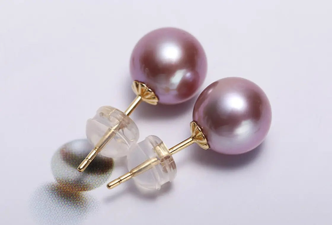 18k Solid Yellow Gold & Natural Purple Rose Tone Pearl Earrings, Handmade Stud Earrings, Anniversary Gift Idea, Edison Pearl Earrings Etsy