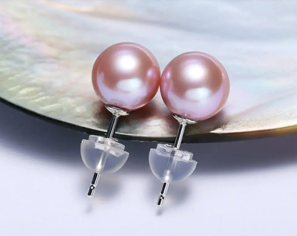 Superior Natural Purple Rose Tone Pearl Earrings, 18k Solid White Gold Stud Earrings, Anniversary Gift Idea for Her, Edison Pearl Earrings - LaCorserArtJewelry