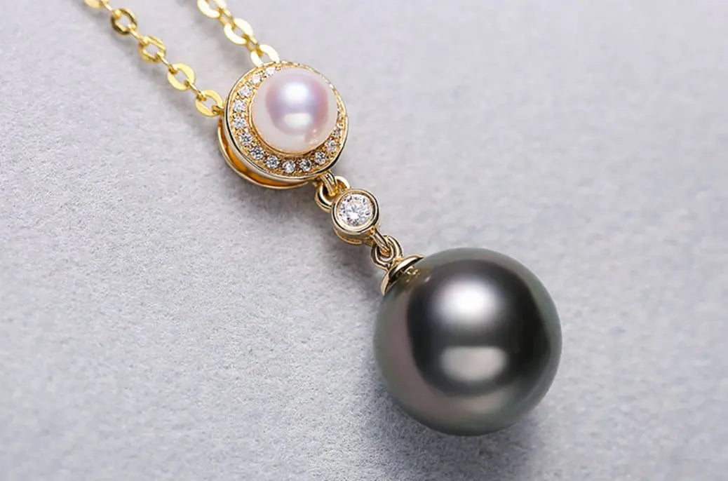10mm Natural Tahitian Black Pearl & Akoya White Pearl Necklace, 18K Solid Yellow Gold Necklace, Hollow Out Necklace, Anniversary Gift Idea Etsy