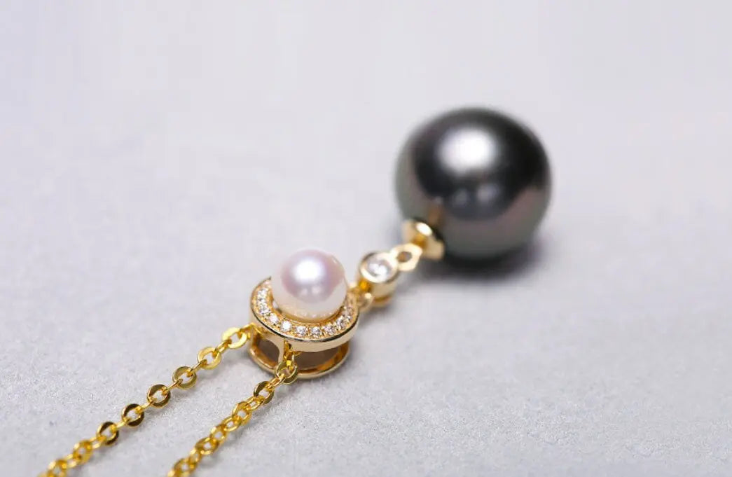10mm Natural Tahitian Black Pearl & Akoya White Pearl Necklace, 18K Solid Yellow Gold Necklace, Hollow Out Necklace, Anniversary Gift Idea Etsy