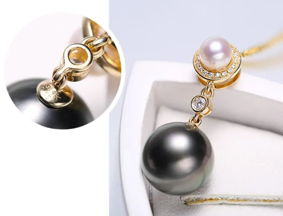 10mm Natural Tahitian Black Pearl & Akoya White Pearl Necklace, 18K Solid Yellow Gold Necklace, Hollow Out Necklace, Anniversary Gift Idea Etsy