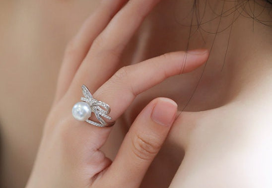 Bowknot Pearl Ring Natural South Sea White Pearl Ring, Silver 925 Ring, Valentine's Day Gift Idea for Her, Pearl Wedding Ring Etsy
