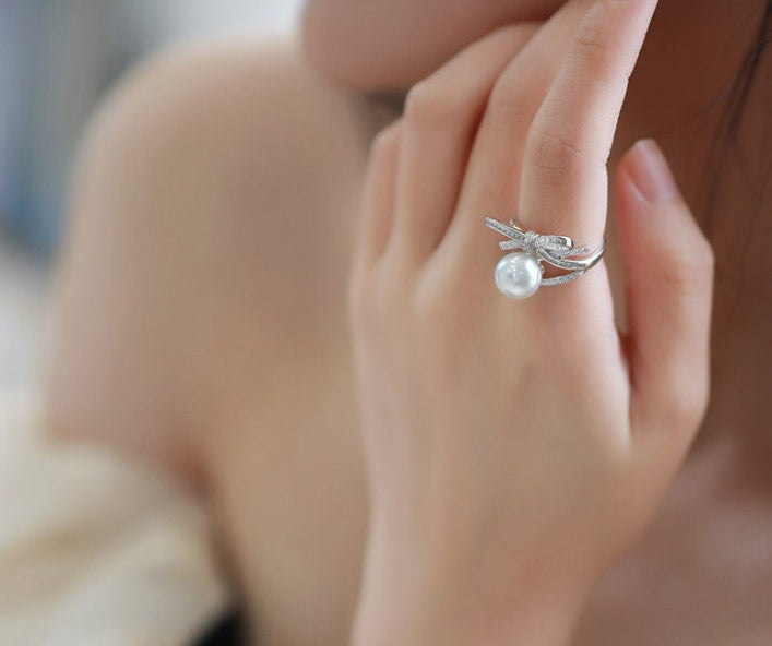 Bowknot Pearl Ring Natural South Sea White Pearl Ring, Silver 925 Ring, Valentine's Day Gift Idea for Her, Pearl Wedding Ring Etsy