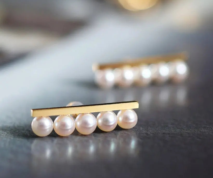 18K Solid Yellow Gold Pearl Earrings, Natural Akoya Pearl Stud Earrings, Luminous Beaded Pearls Earrings Etsy