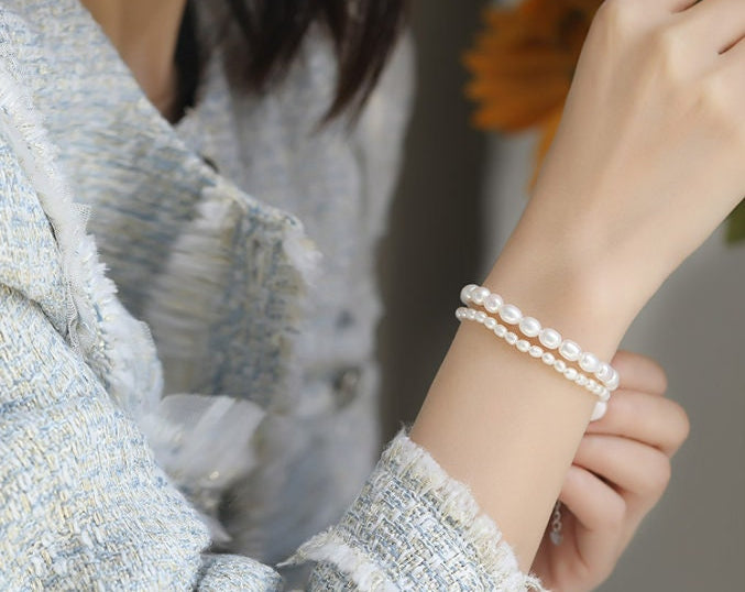 Double Layer Bracelets, Natural Baroque Pearl Bracelets, Silver 925 Beaded Bracelets Etsy