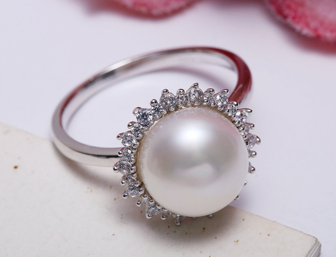 Pearl Flower Ring, Natural High Luster Pearl Ring, Silver 925 Handmade Ring, Halo Setting Ring, White Diamond Ring, Anniversary Gift Idea Etsy