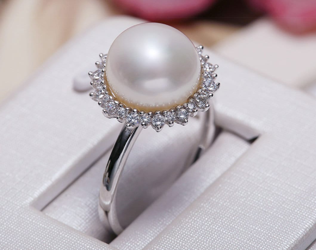 Pearl Flower Ring, Natural High Luster Pearl Ring, Silver 925 Handmade Ring, Halo Setting Ring, White Diamond Ring, Anniversary Gift Idea Etsy