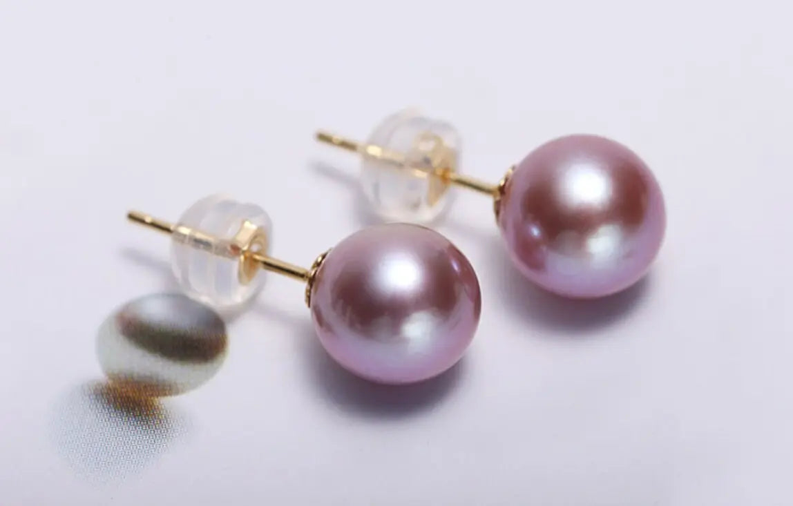 18k Solid Yellow Gold & Natural Purple Rose Tone Pearl Earrings, Handmade Stud Earrings, Anniversary Gift Idea, Edison Pearl Earrings Etsy
