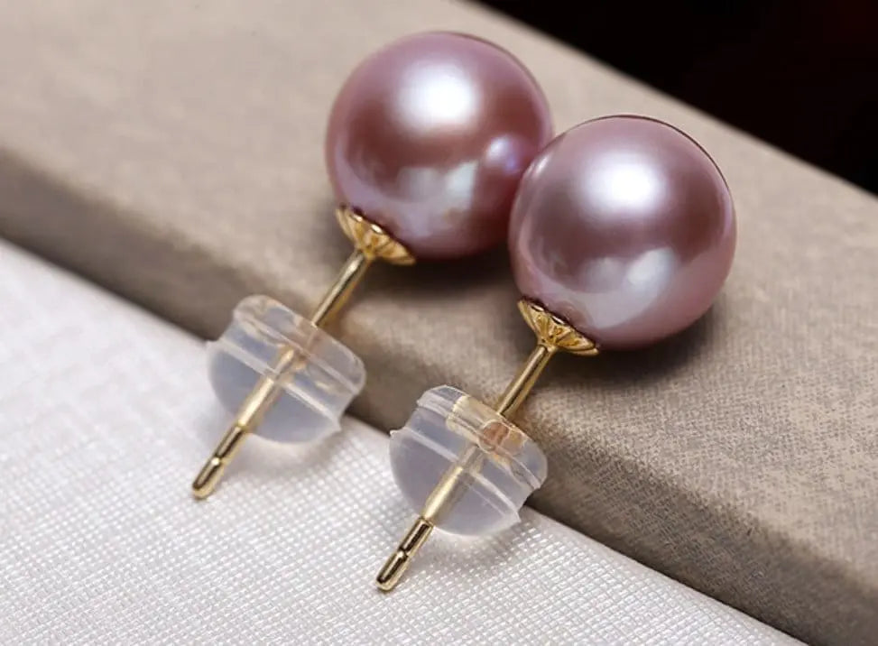 5A+ Natural Purple Rose Tone Pearl Earrings, 18k Solid Yellow Gold Stud Earrings, Anniversary Gift Idea for Her, Edison Pearl Earrings Etsy