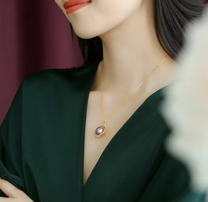 13mm Natural Purple Rose Tone Pearl Necklace, 18k Gold Plated Vermeil Handmade Carved Necklace, Anniversary Gift Idea for Her Etsy
