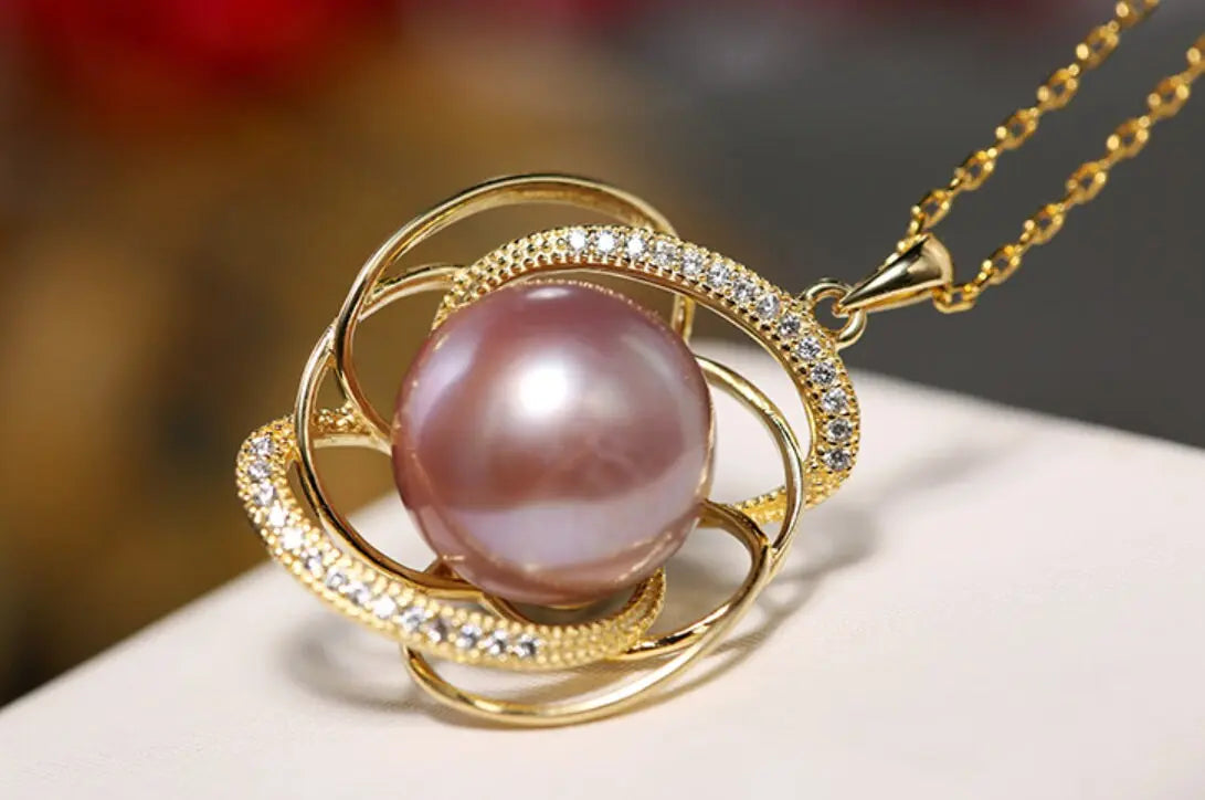 13mm Natural Purple Rose Tone Pearl Necklace, 18k Gold Plated Vermeil Handmade Carved Necklace, Anniversary Gift Idea for Her Etsy
