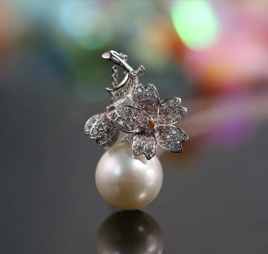 Sakura with 13mm Natural Pearl & Moissanite Necklace, Silver 925 Handmade Flower Necklace, Anniversary Gift Idea for Mom Etsy