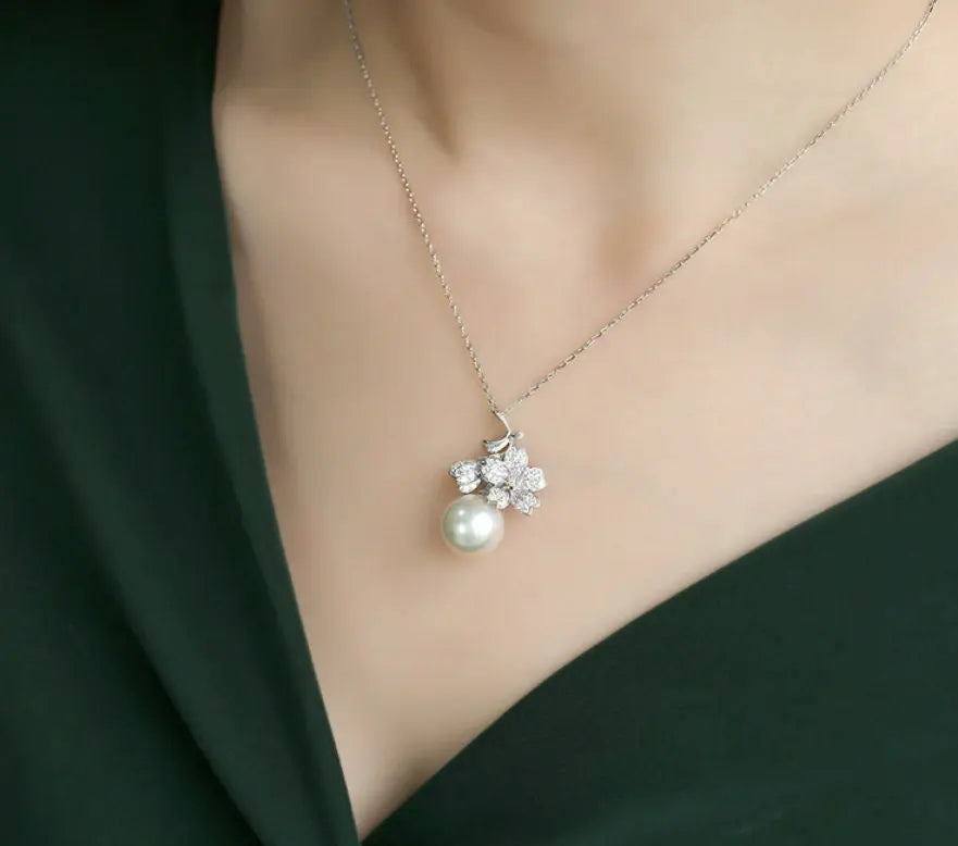 Sakura with 13mm Natural Pearl & Moissanite Necklace, Silver 925 Handmade Flower Necklace, Anniversary Gift Idea for Mom Etsy