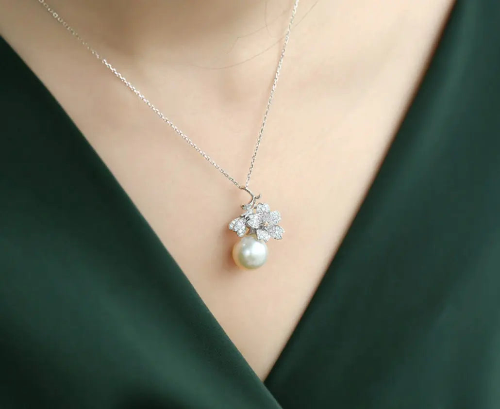 Sakura with 13mm Natural Pearl & Moissanite Necklace, Silver 925 Handmade Flower Necklace, Anniversary Gift Idea for Mom Etsy