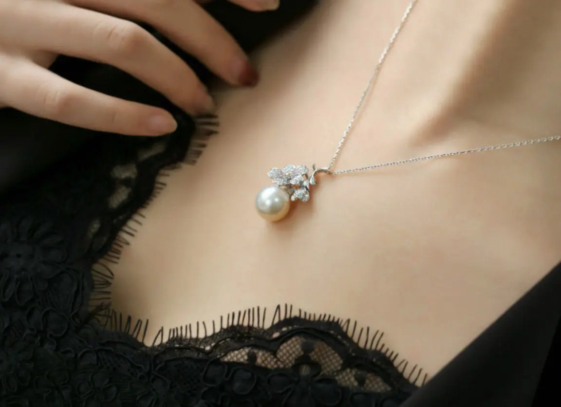 Sakura with 13mm Natural Pearl & Moissanite Necklace, Silver 925 Handmade Flower Necklace, Anniversary Gift Idea for Mom Etsy