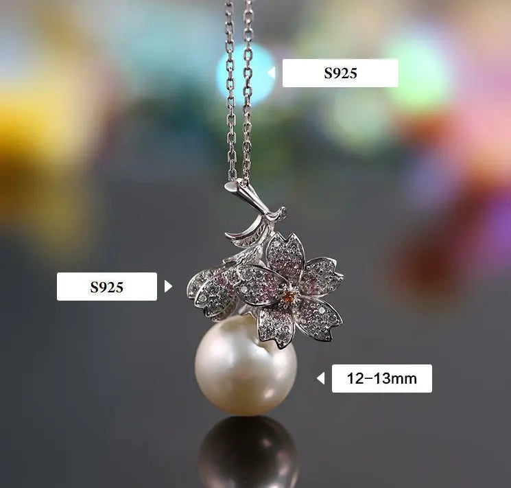 Sakura with 13mm Natural Pearl & Moissanite Necklace, Silver 925 Handmade Flower Necklace, Anniversary Gift Idea for Mom Etsy