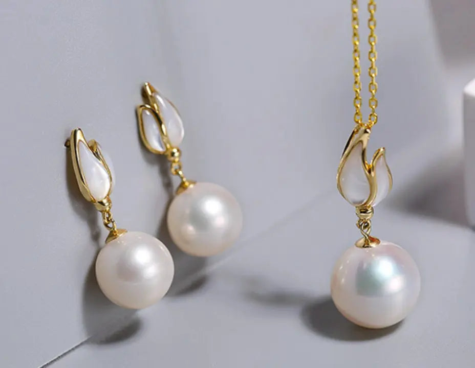 9mm Natural High Luster Pearl & Mother of Pearl Earrings, 14K Yellow Solid Gold Handmade Earrings, Anniversary Gift Idea for Her Etsy