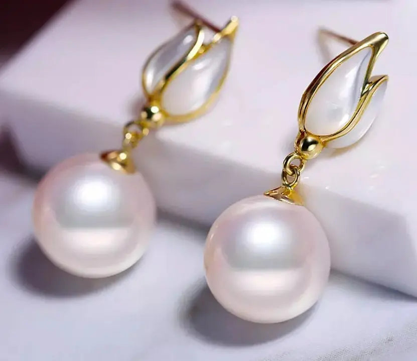 9mm Natural High Luster Pearl & Mother of Pearl Earrings, 14K Yellow Solid Gold Handmade Earrings, Anniversary Gift Idea for Her Etsy
