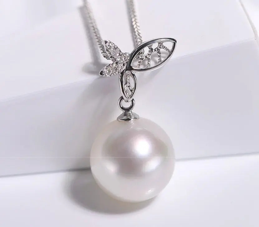 Butterfly with Natural South Sea White Pearl & White Diamond Necklace, 18K White Gold Hollow Out Necklace Etsy