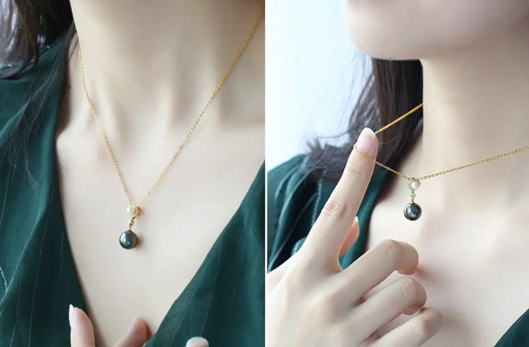 10mm Natural Tahitian Black Pearl & Akoya White Pearl Necklace, 18K Solid Yellow Gold Necklace, Hollow Out Necklace, Anniversary Gift Idea Etsy