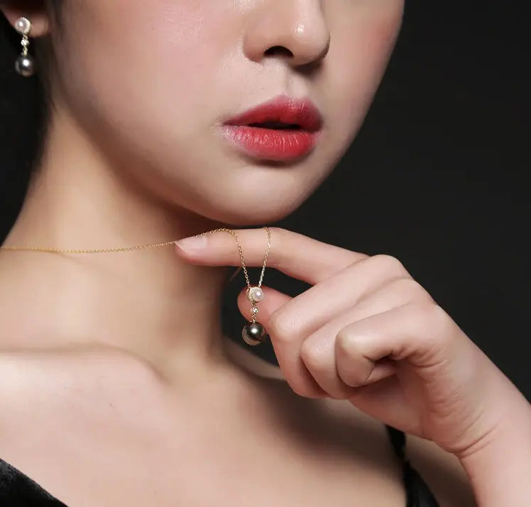 10mm Natural Tahitian Black Pearl & Akoya White Pearl Necklace, 18K Solid Yellow Gold Necklace, Hollow Out Necklace, Anniversary Gift Idea Etsy