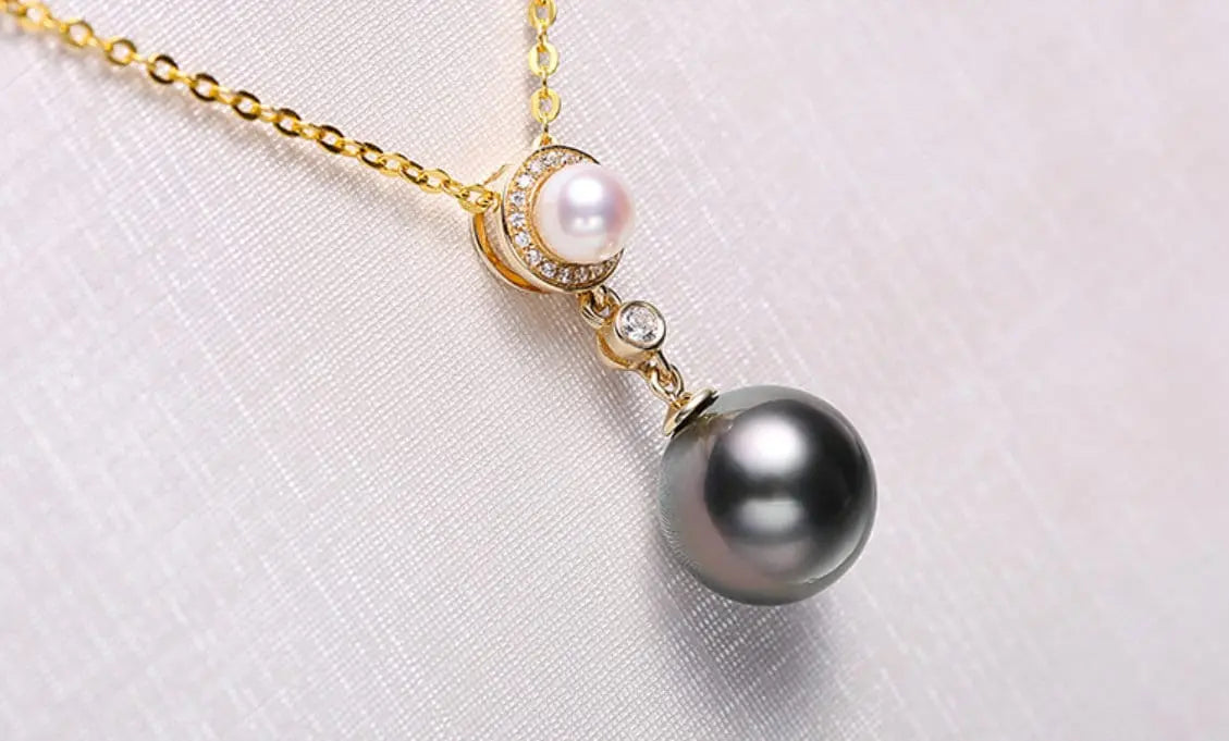 10mm Natural Tahitian Black Pearl & Akoya White Pearl Necklace, 18K Solid Yellow Gold Necklace, Hollow Out Necklace, Anniversary Gift Idea Etsy