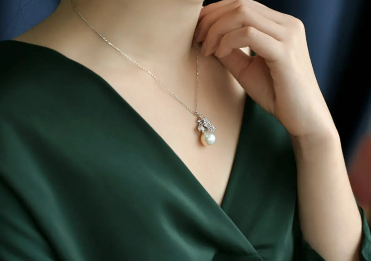 Sakura with 13mm Natural Pearl & Moissanite Necklace, Silver 925 Handmade Flower Necklace, Anniversary Gift Idea for Mom Etsy