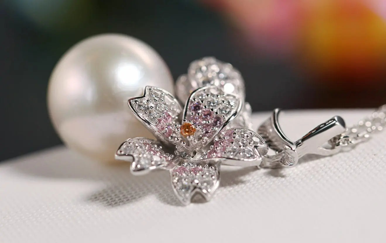 Sakura with 13mm Natural Pearl & Moissanite Necklace, Silver 925 Handmade Flower Necklace, Anniversary Gift Idea for Mom Etsy