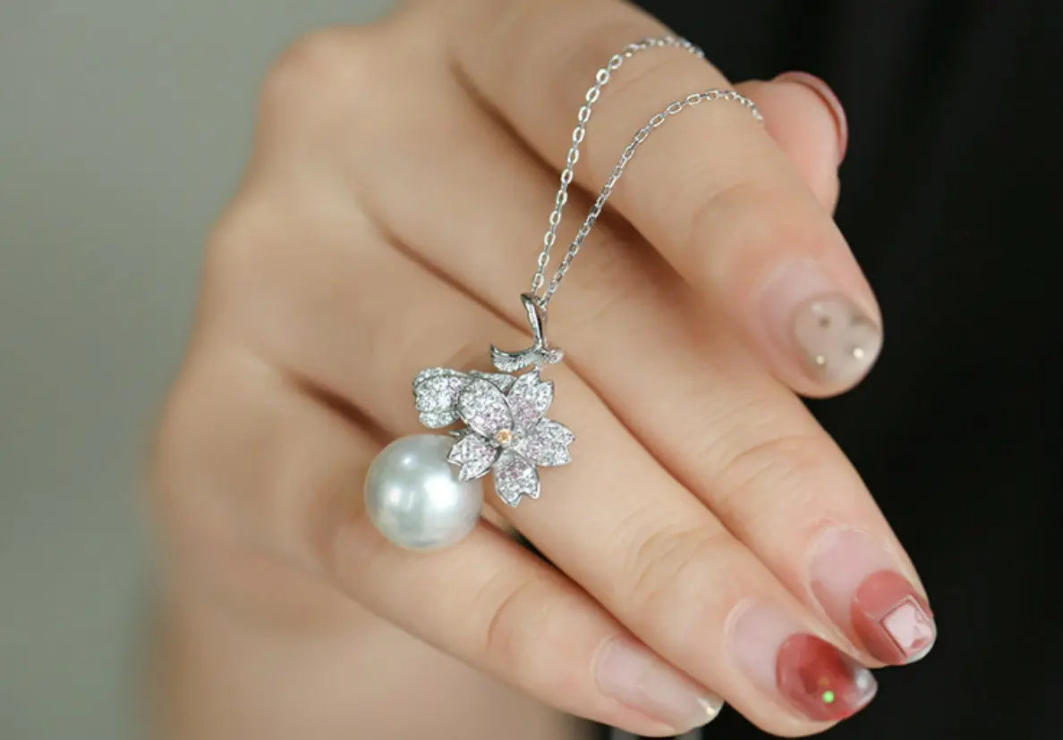 Sakura with 13mm Natural Pearl & Moissanite Necklace, Silver 925 Handmade Flower Necklace, Anniversary Gift Idea for Mom Etsy