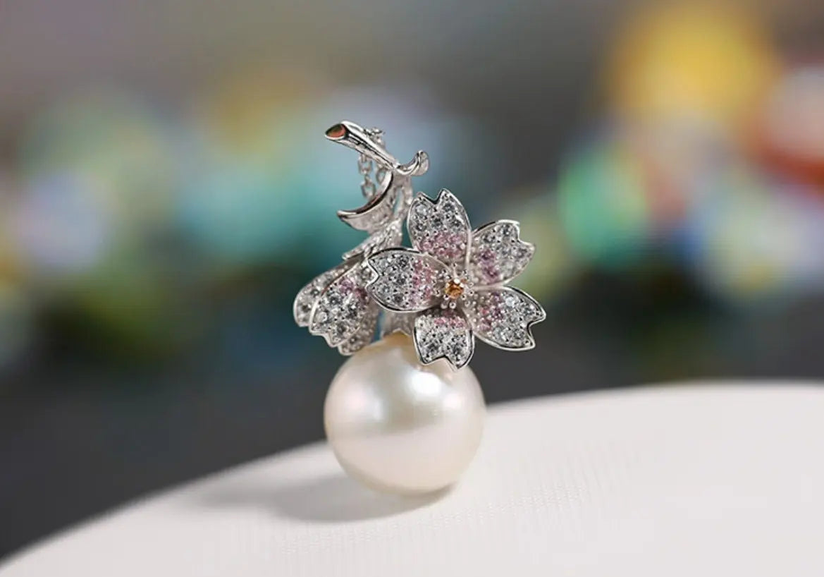 Sakura with 13mm Natural Pearl & Moissanite Necklace, Silver 925 Handmade Flower Necklace, Anniversary Gift Idea for Mom Etsy