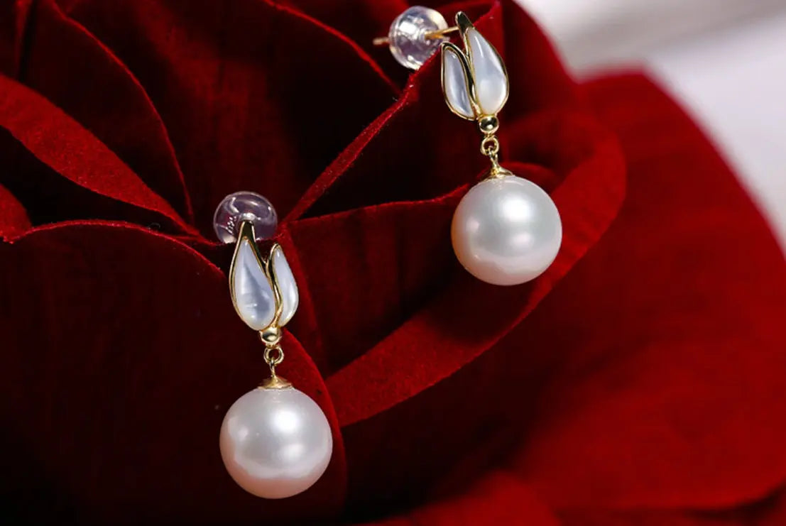 9mm Natural High Luster Pearl & Mother of Pearl Earrings, 14K Yellow Solid Gold Handmade Earrings, Anniversary Gift Idea for Her Etsy