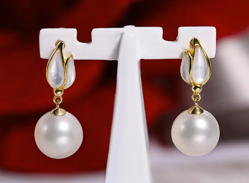 9mm Natural High Luster Pearl & Mother of Pearl Earrings, 14K Yellow Solid Gold Handmade Earrings, Anniversary Gift Idea for Her Etsy
