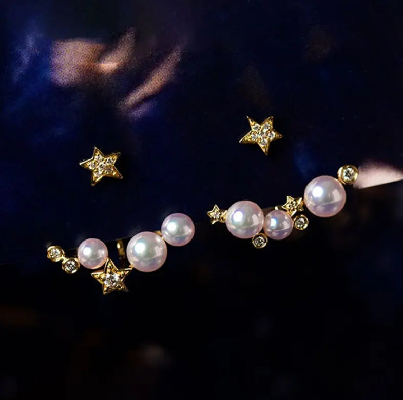 Cluster Star Akoya Pearl 18K Earrings, 18k Solid Yellow Gold Stud Earrings, Polaris Diamonds Earrings, Valentine's Day Gift Idea for GF Etsy