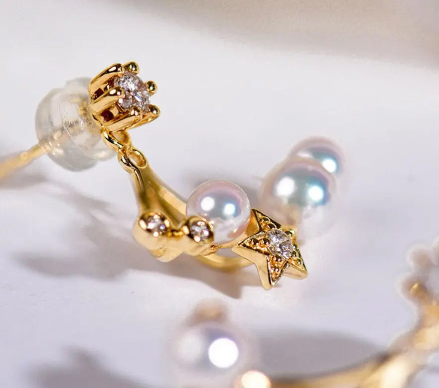 Cluster Star Akoya Pearl 18K Earrings, 18k Solid Yellow Gold Stud Earrings, Polaris Diamonds Earrings, Valentine's Day Gift Idea for GF Etsy
