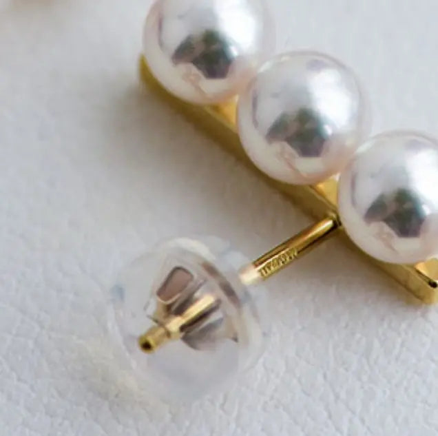Three Akoya Pearl 18K Earrings, 18k Solid Yellow Gold Minimalist Earrings, Pearl Stud Earrings, Valentine's Day Gift Idea for GF Her Etsy