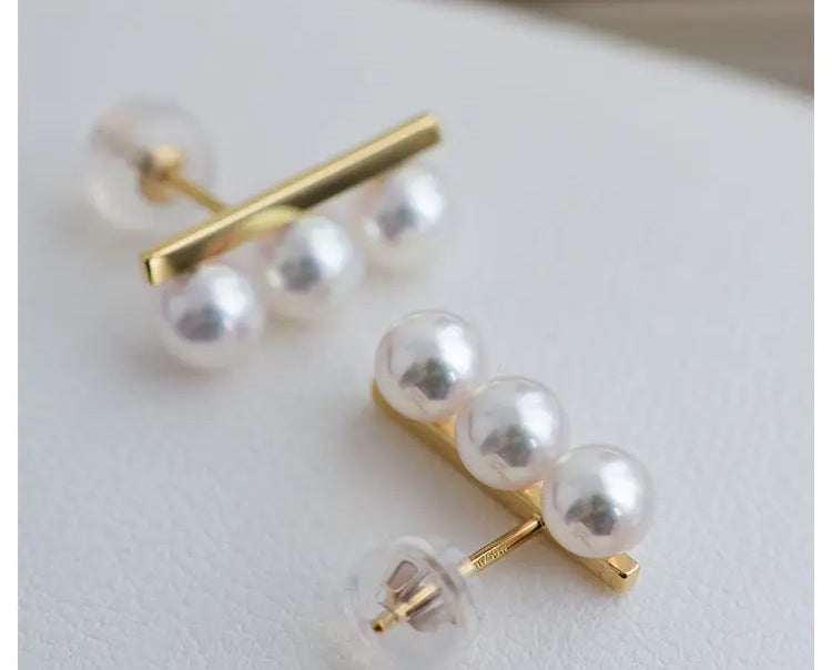 Three Akoya Pearl 18K Earrings, 18k Solid Yellow Gold Minimalist Earrings, Pearl Stud Earrings, Valentine's Day Gift Idea for GF Her Etsy
