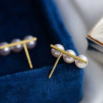 Three Akoya Pearl 18K Earrings, 18k Solid Yellow Gold Minimalist Earrings, Pearl Stud Earrings, Valentine's Day Gift Idea for GF Her Etsy