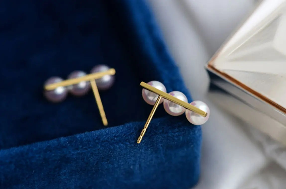 Three Akoya Pearl 18K Earrings, 18k Solid Yellow Gold Minimalist Earrings, Pearl Stud Earrings, Valentine's Day Gift Idea for GF Her Etsy