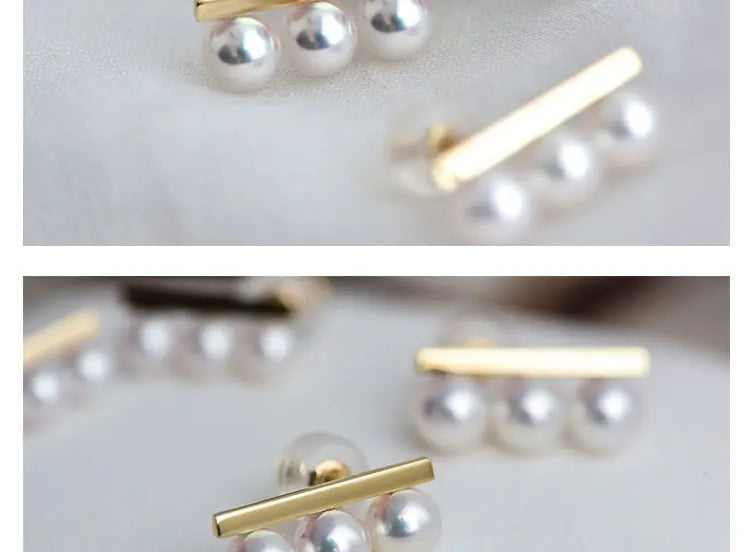 Three Akoya Pearl 18K Earrings, 18k Solid Yellow Gold Minimalist Earrings, Pearl Stud Earrings, Valentine's Day Gift Idea for GF Her Etsy