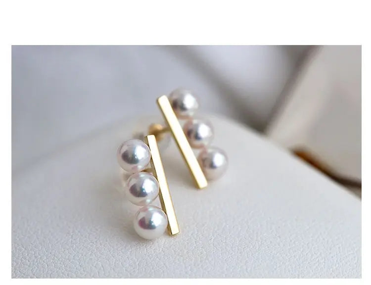 Three Akoya Pearl 18K Earrings, 18k Solid Yellow Gold Minimalist Earrings, Pearl Stud Earrings, Valentine's Day Gift Idea for GF Her Etsy