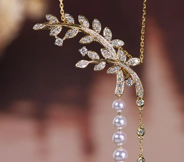 Laurel Leaf Akoya Pearl 18K Necklace Brooch, 18K Yellow Gold Etsy