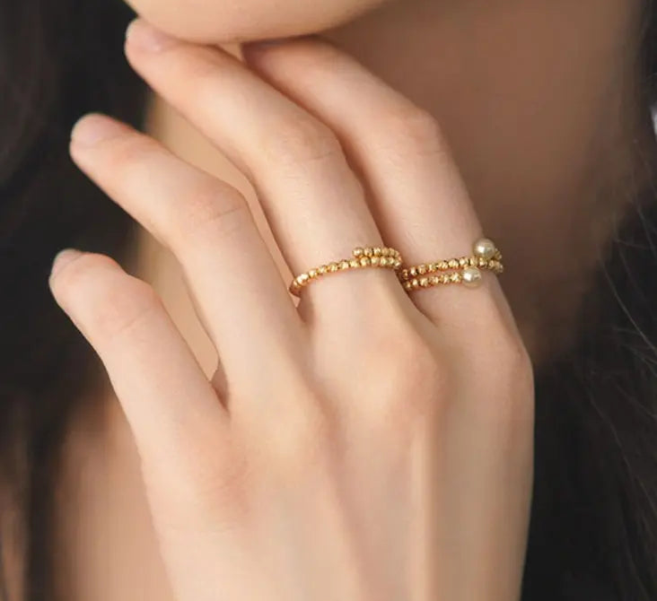 18K Laser Gold Ball Ring with Akoya Champagne Golden Pearl Ring, 18k Yellow Gold Stacking Ring, Valentine's Day Gift Idea for Her Etsy