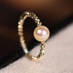 18K Laser Gold Ball Ring with Akoya Champagne Golden Pearl Ring, 18k Yellow Gold Stacking Ring, Valentine's Day Gift Idea for Her Etsy