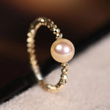 18K Laser Gold Ball Ring with Akoya Champagne Golden Pearl Ring, 18k Yellow Gold Stacking Ring, Valentine's Day Gift Idea for Her Etsy