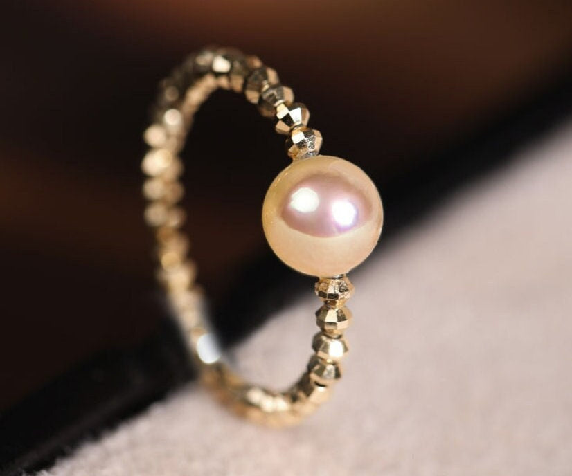 18K Laser Gold Ball Ring with Akoya Champagne Golden Pearl Ring, 18k Yellow Gold Stacking Ring, Valentine's Day Gift Idea for Her Etsy