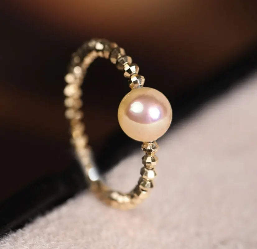 18K Laser Gold Ball Ring with Akoya Champagne Golden Pearl Ring, 18k Yellow Gold Stacking Ring, Valentine's Day Gift Idea for Her Etsy